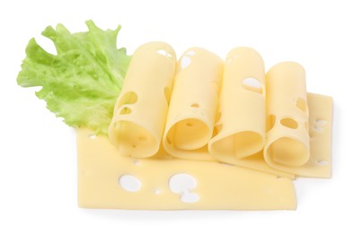 Slices of tasty fresh cheese and lettuce isolated on white