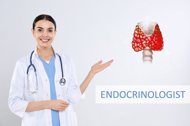 Image of Endocrinologist and thyroid illustration on light background