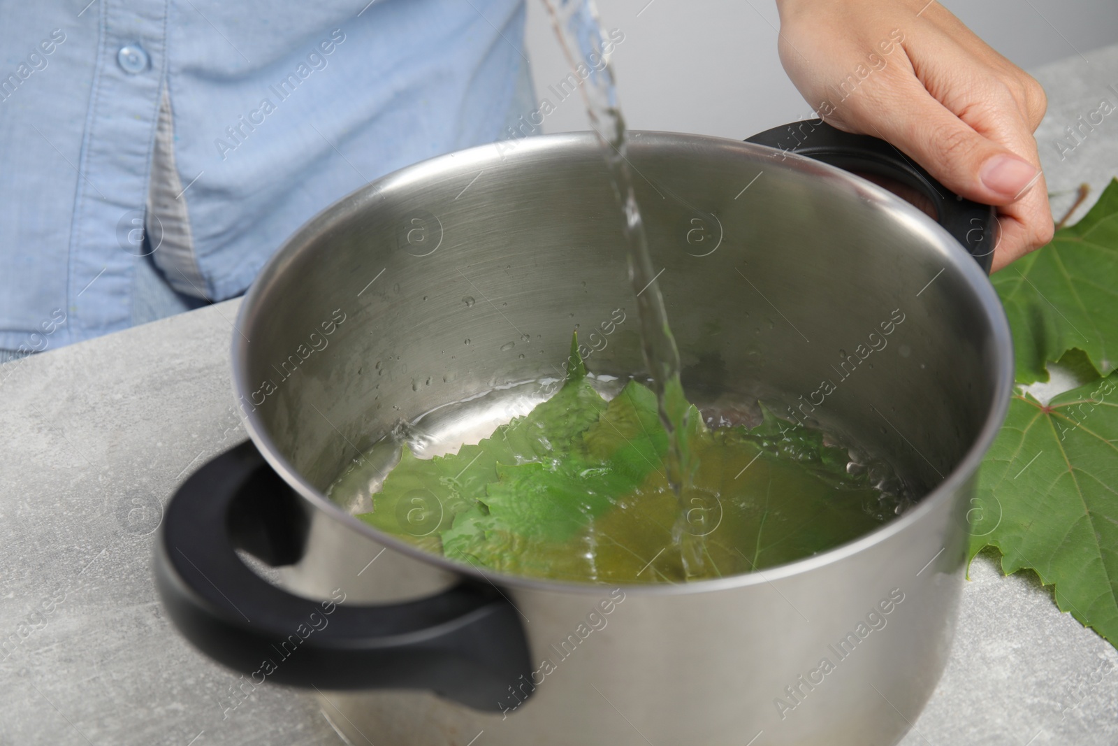 Photo of Woman preparing grape leaves for stuffed rolls indoors, closeup