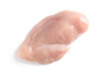 Photo of Raw chicken fillet on white background, top view. Natural food high in protein