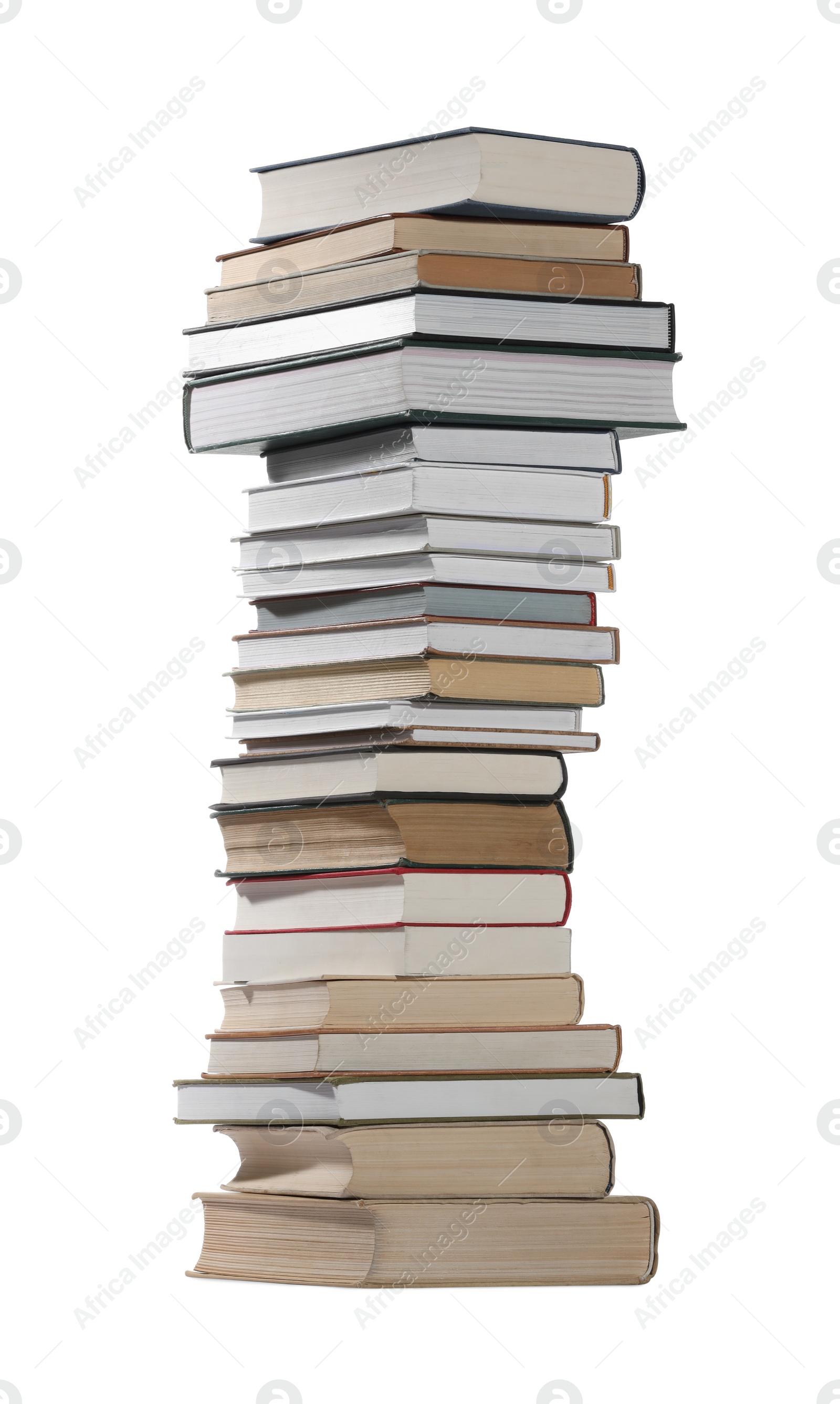 Photo of High stack of many different books isolated on white