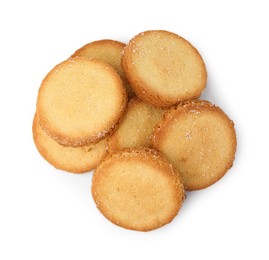 Photo of Tasty sweet sugar cookies isolated on white, top view