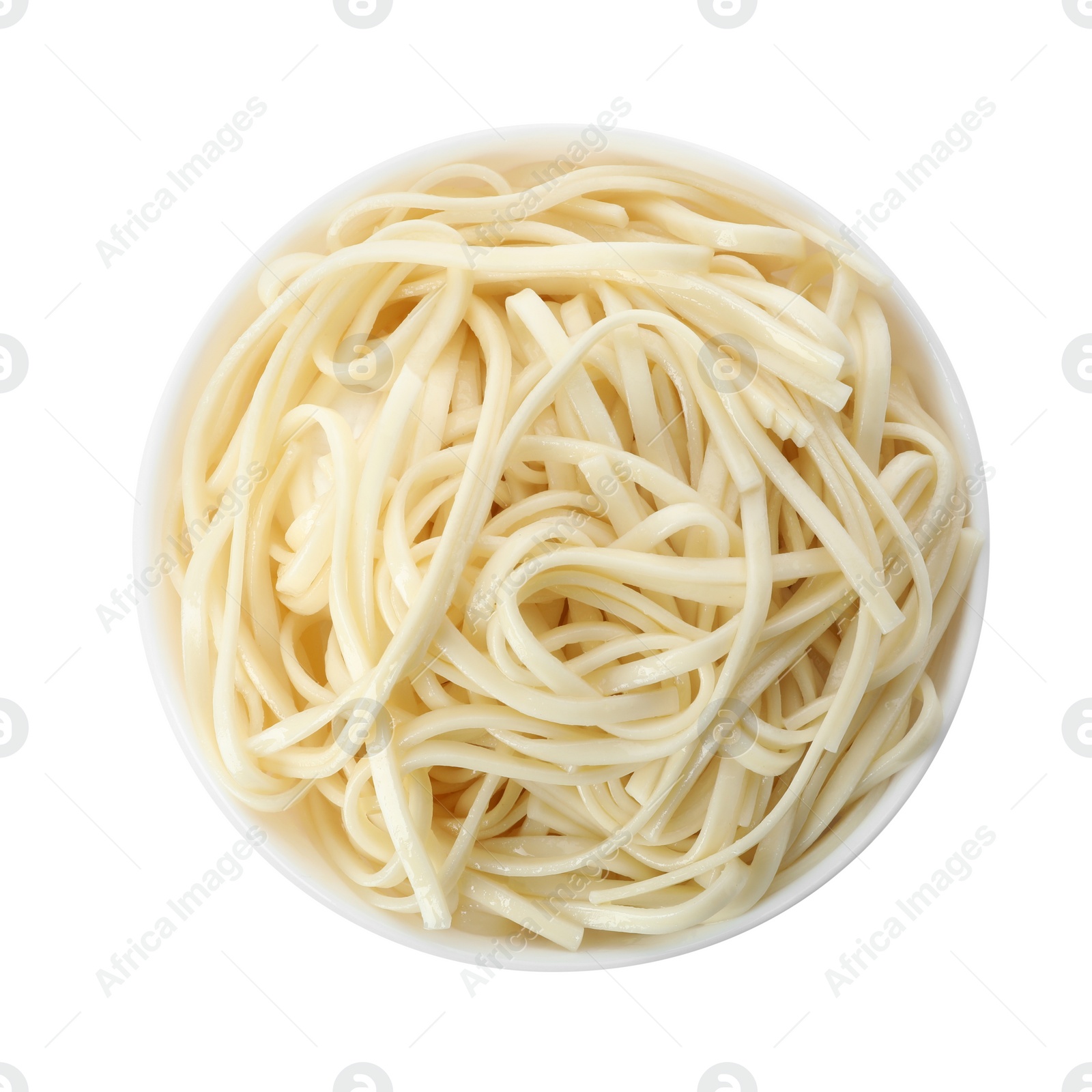 Photo of Bowl with rice noodles isolated on white, top view