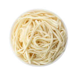 Bowl with rice noodles isolated on white, top view