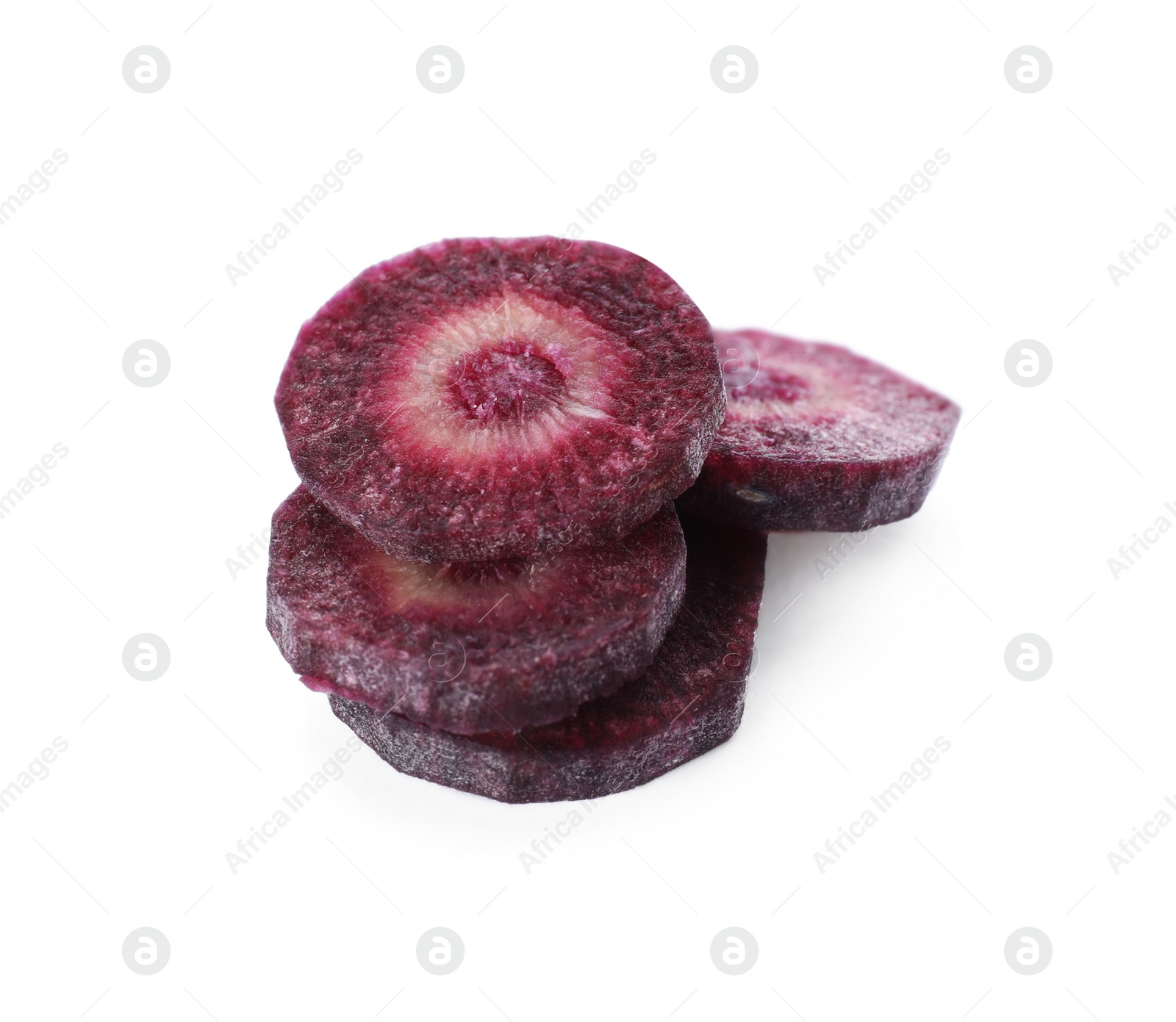 Photo of Slices of raw purple carrot isolated on white