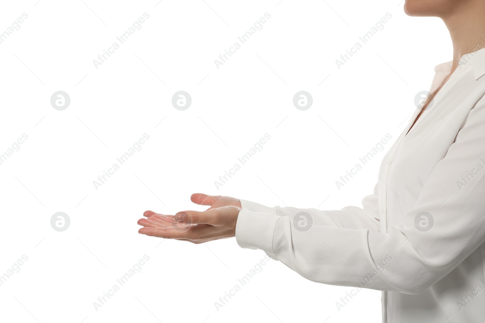 Photo of Businesswoman holding something on white background, closeup