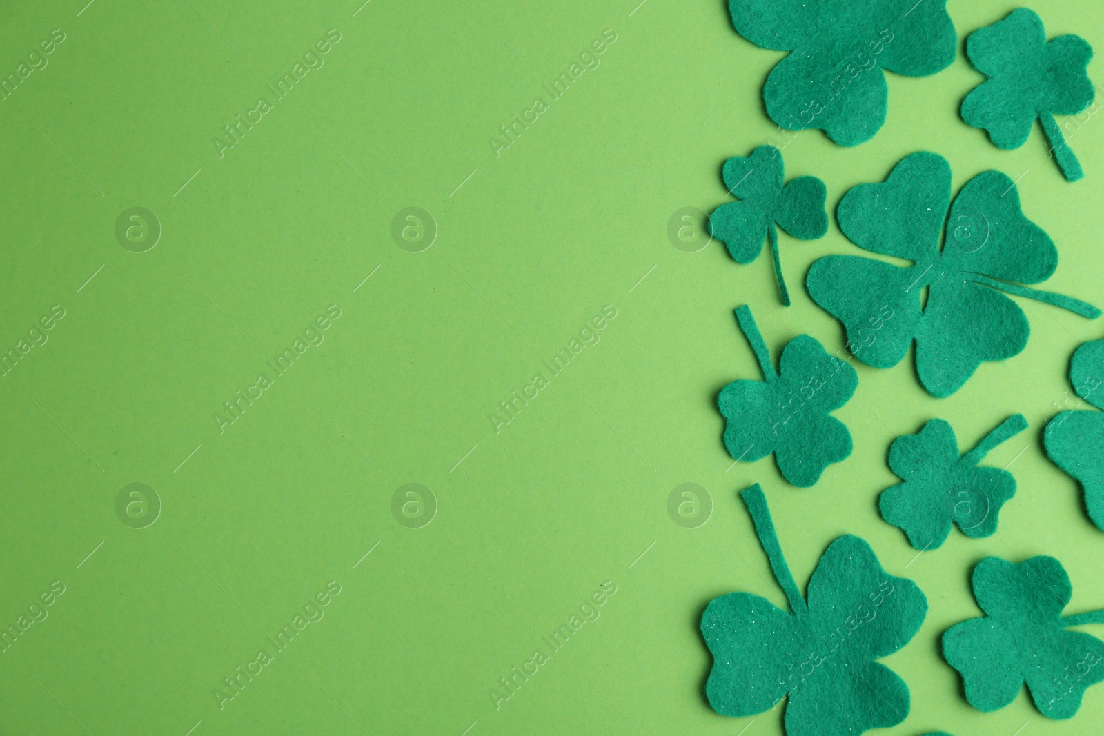 Photo of St. Patrick's day. Decorative clover leaves on green background, flat lay. Space for text