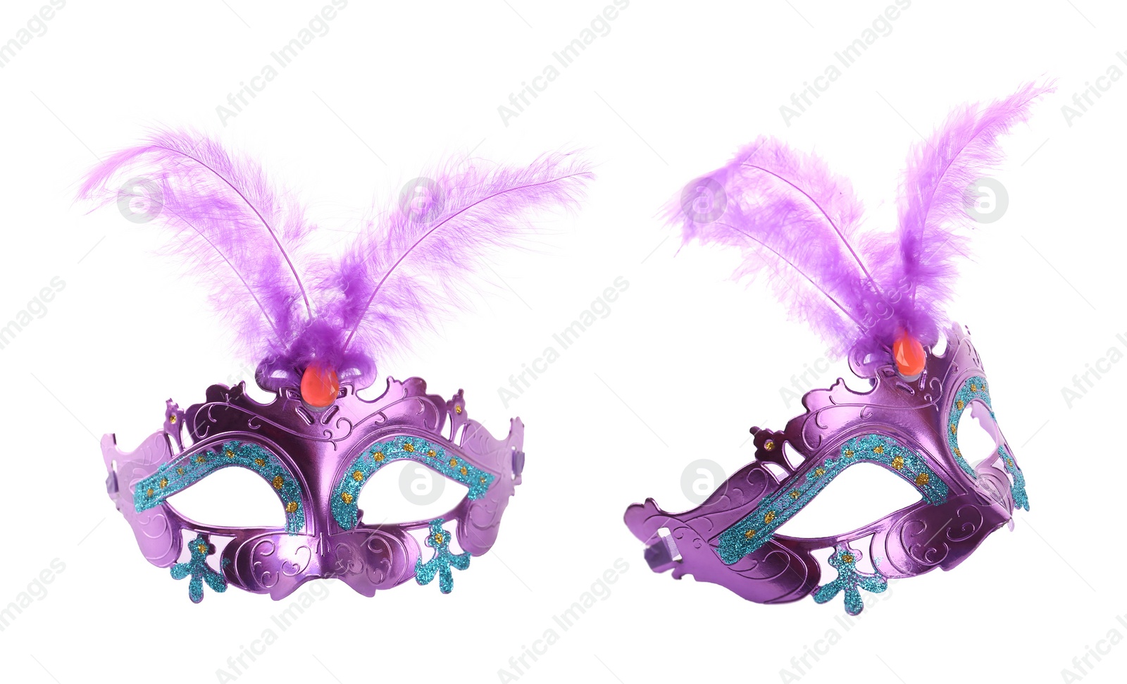 Image of Beautiful purple carnival masks on white background