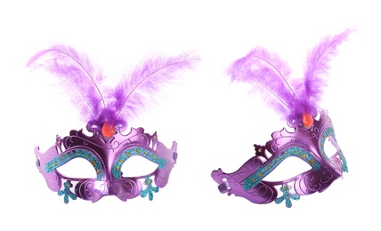 Image of Beautiful purple carnival masks on white background