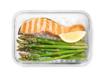 Photo of Healthy meal. Grilled salmon, rice and asparagus in container isolated on white, top view