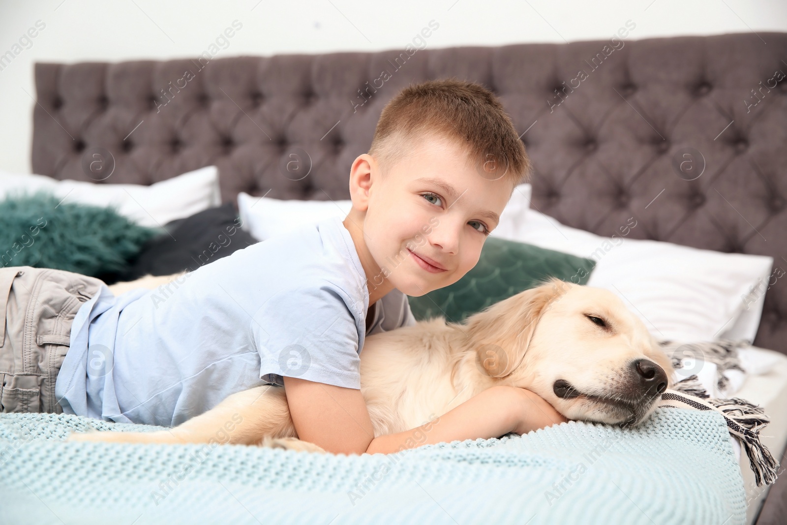 Photo of Cute little child with his pet on bed at home