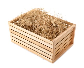 Photo of Dried hay in wooden crate on white background