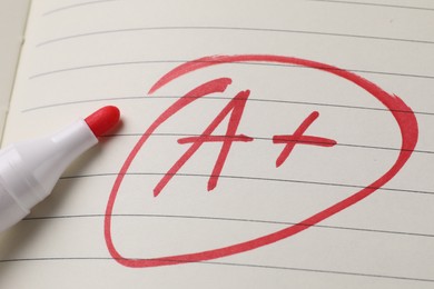 School grade. Red letter A with plus symbol on notebook paper and marker, closeup