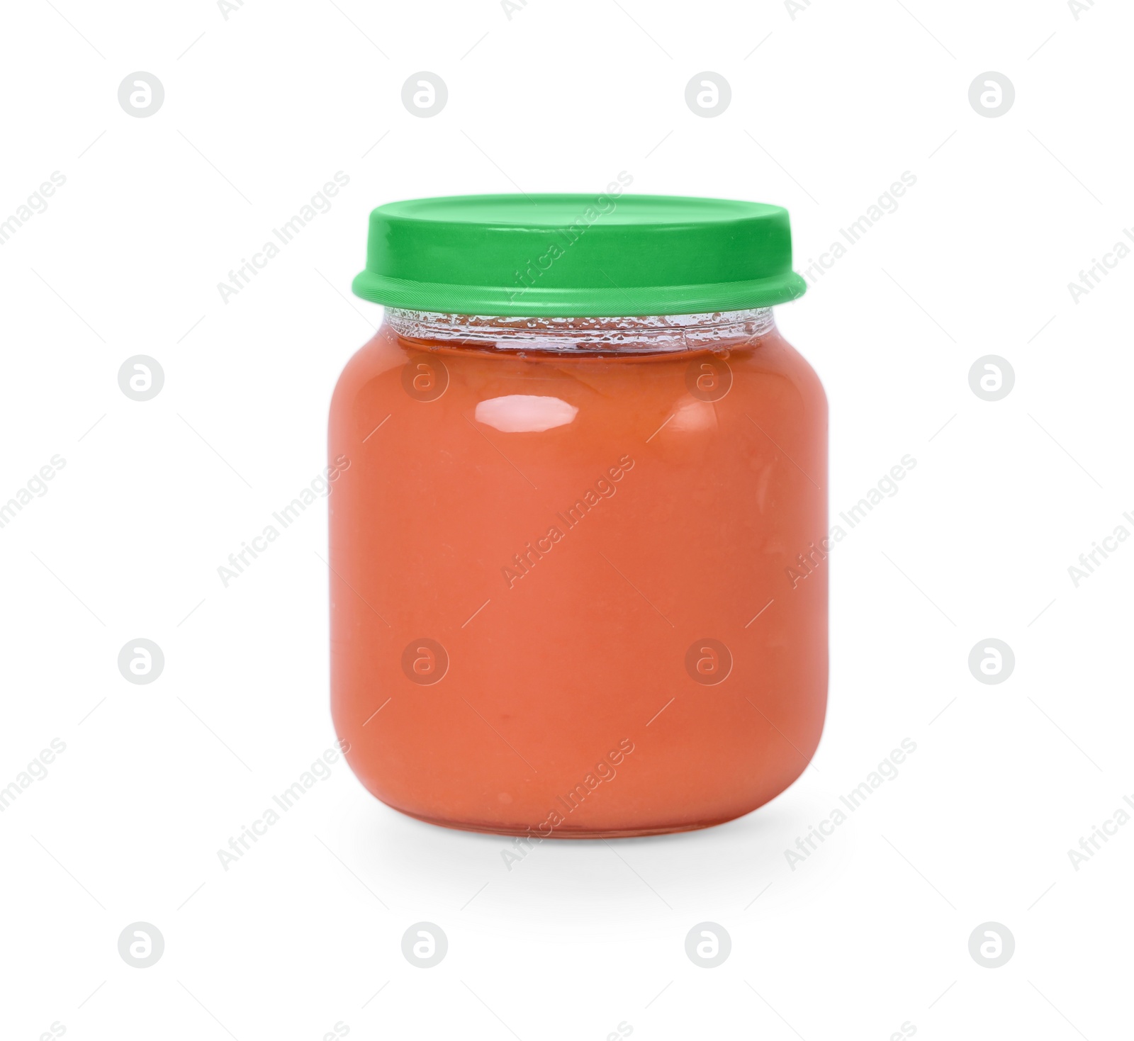 Photo of Glass jar with healthy baby food isolated on white