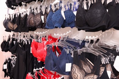 Photo of Many different beautiful women's underwear in lingerie store