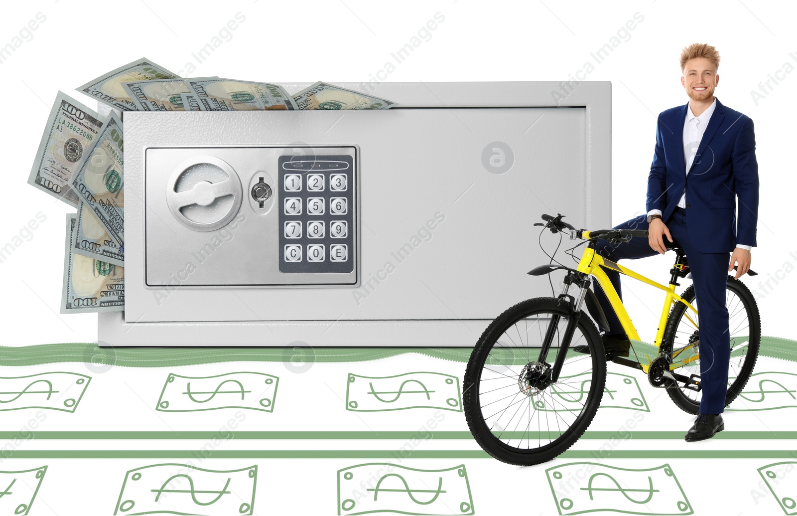 Image of Multiplying wealth, increasing savings. Happy businessman with bicycle standing near big steel safe full of money on white background. Dollar banknotes illustrations