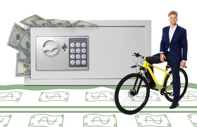Image of Multiplying wealth, increasing savings. Happy businessman with bicycle standing near big steel safe full of money on white background. Dollar banknotes illustrations