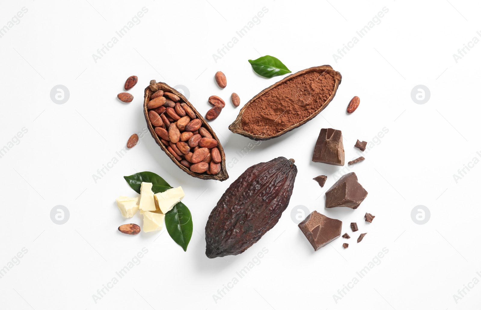 Photo of Composition with cocoa products on white background, top view