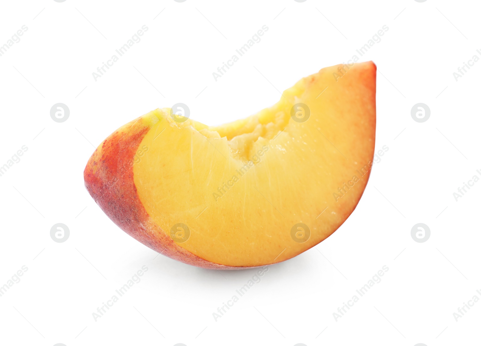 Photo of Slice of sweet juicy peach on white background