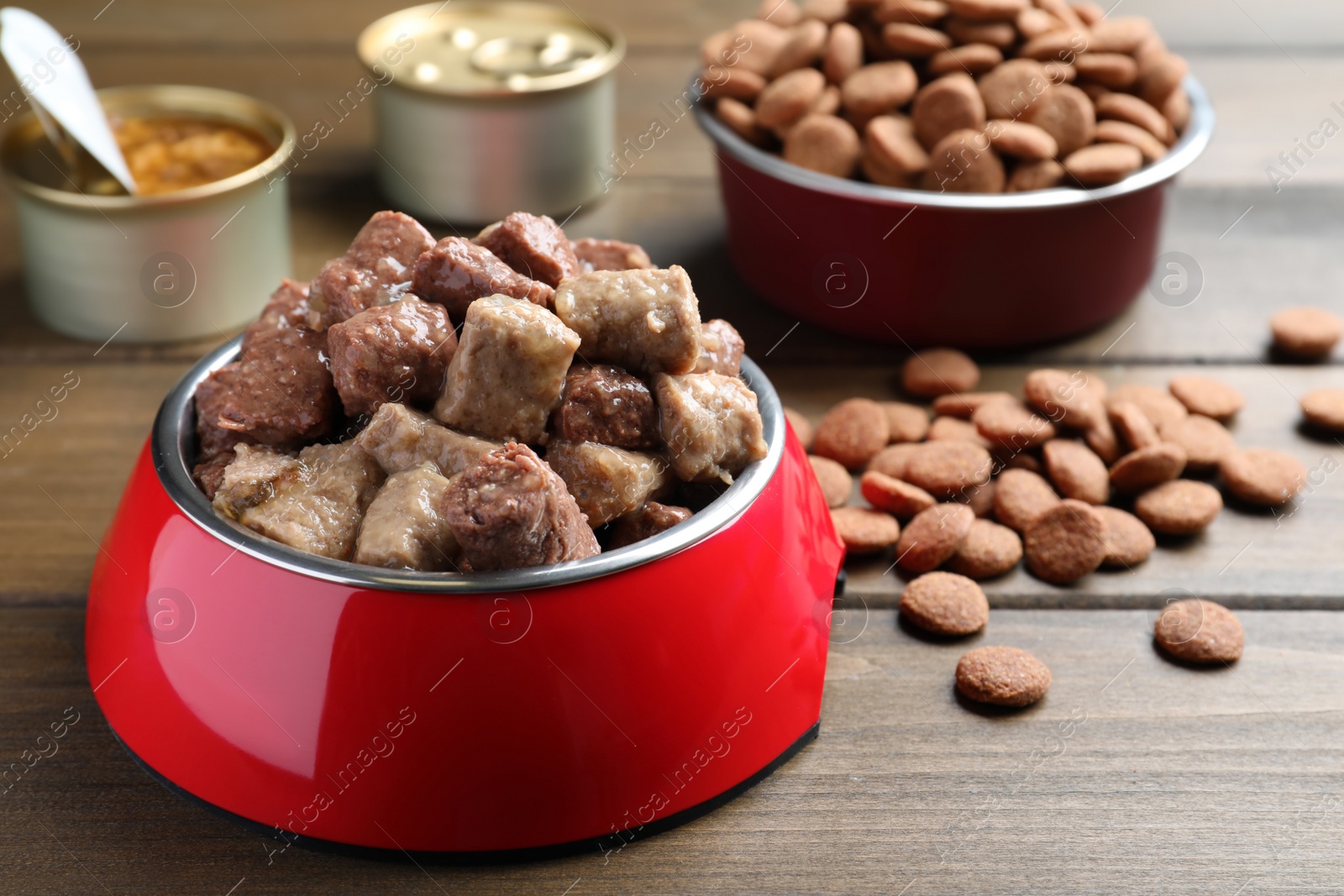 Photo of Wet and dry pet food on wooden table