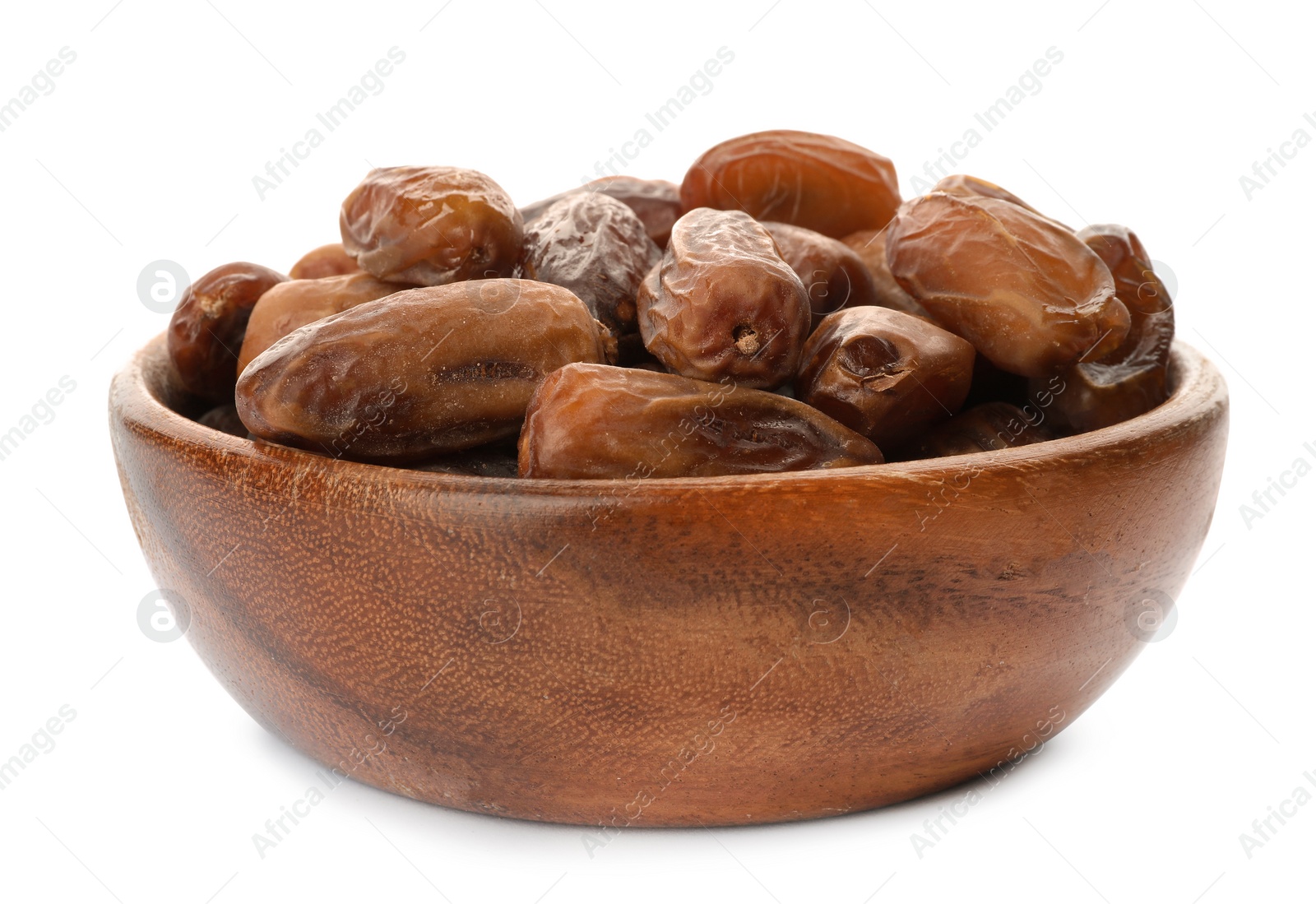 Photo of Bowl with sweet dates on white background. Dried fruit as healthy snack