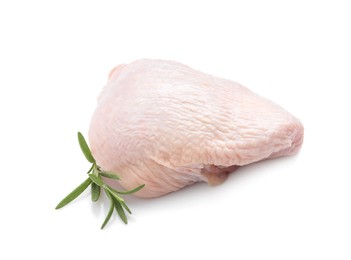 Photo of Raw chicken thigh with rosemary on white background