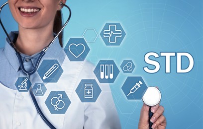 Image of STD prevention. Closeup view of doctor with stethoscope, abbreviation and different icons on light blue background