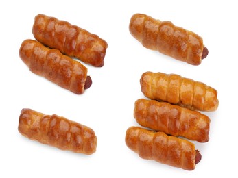 Image of Collage of tasty sausages in dough on white background, top view