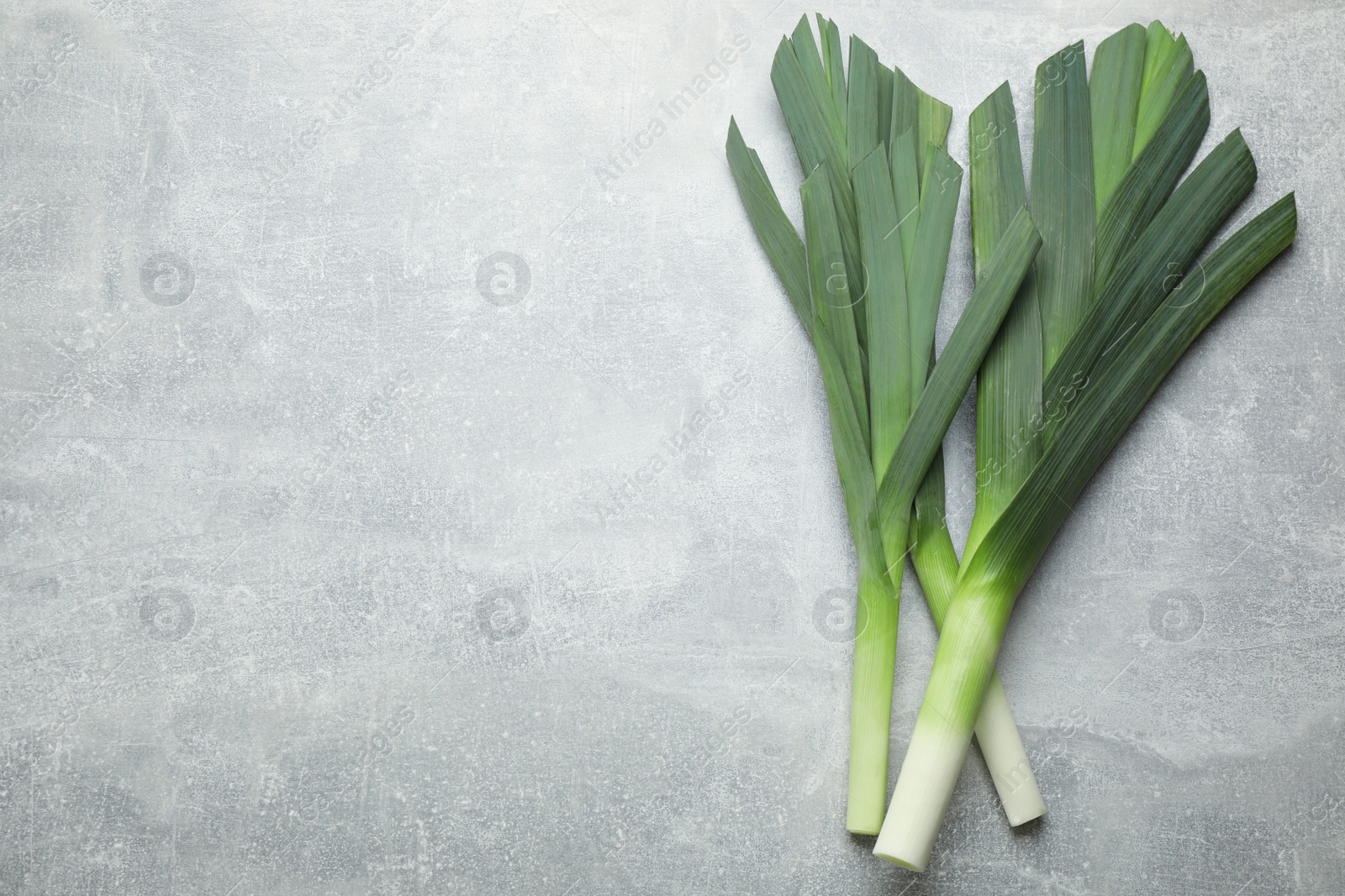 Photo of Fresh raw leeks on grey table, flat lay. Space for text