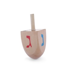 Photo of Wooden Hanukkah traditional dreidel with letters Nun and Gimel isolated on white