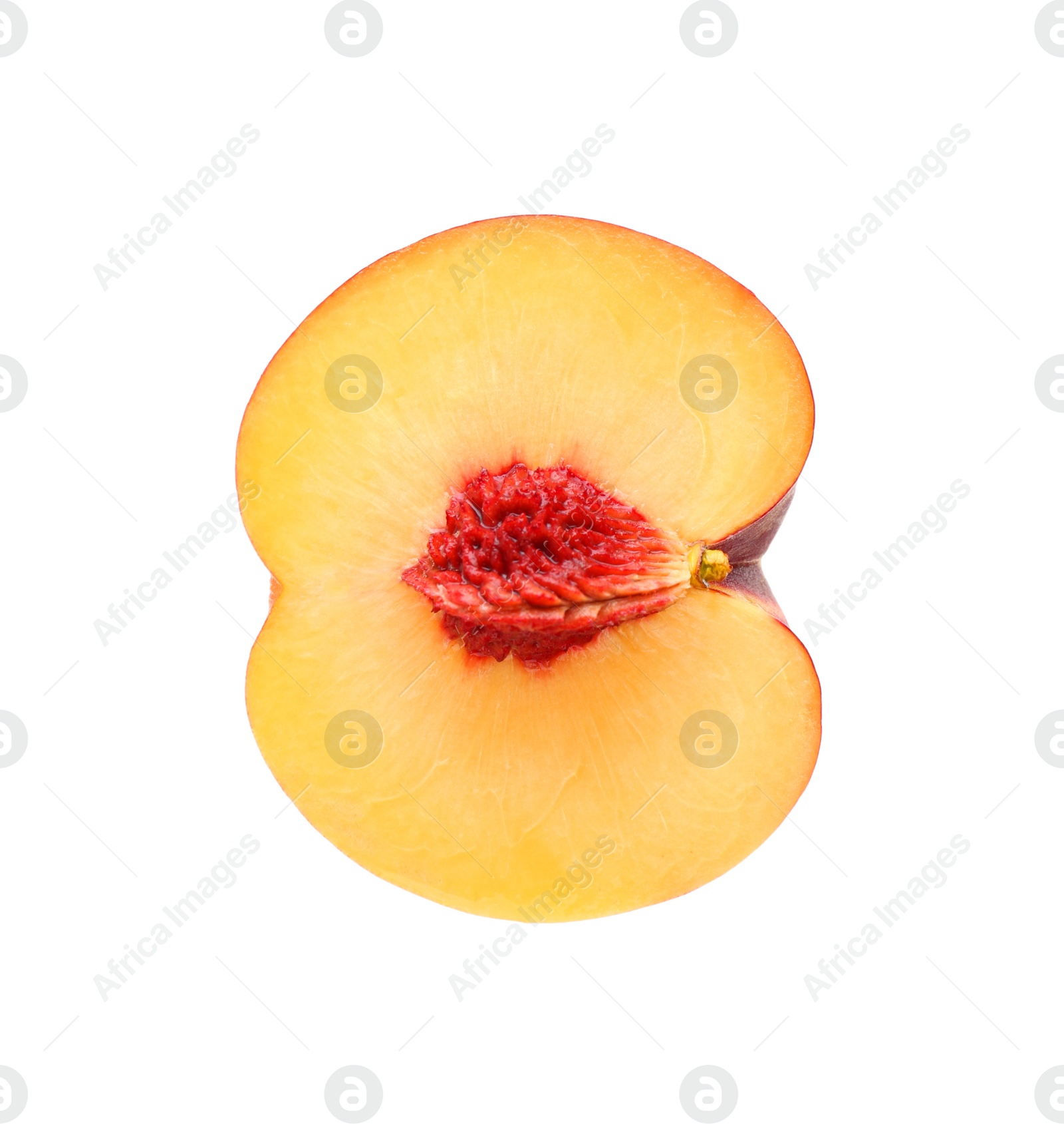 Photo of Half of ripe peach isolated on white, top view