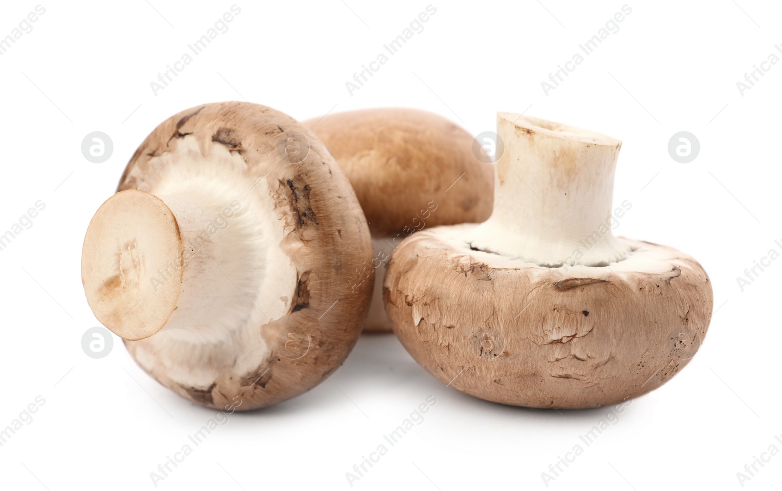 Photo of Fresh raw champignon mushrooms on white background