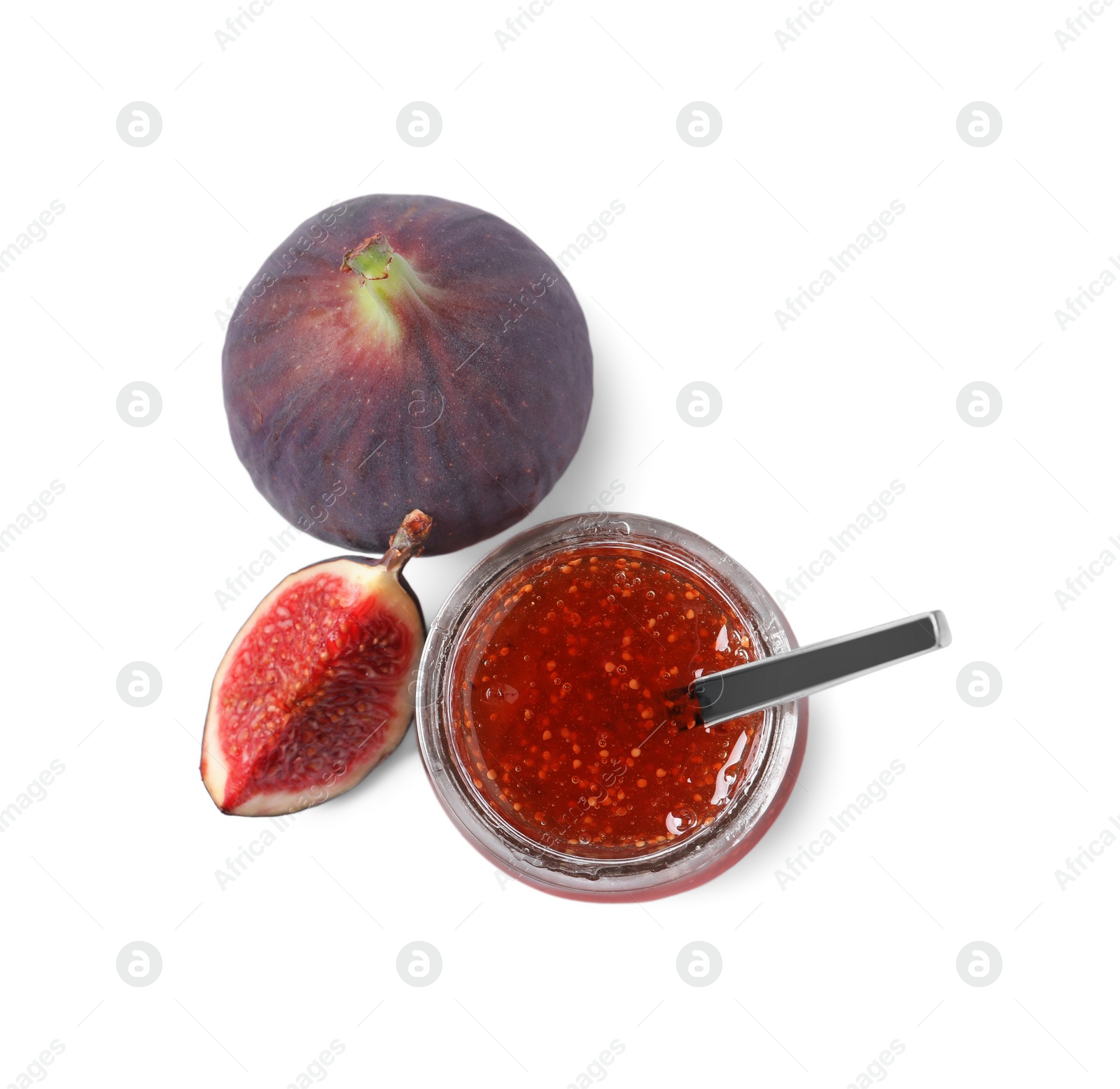 Photo of Jar with tasty sweet jam and fresh fig isolated on white, top view