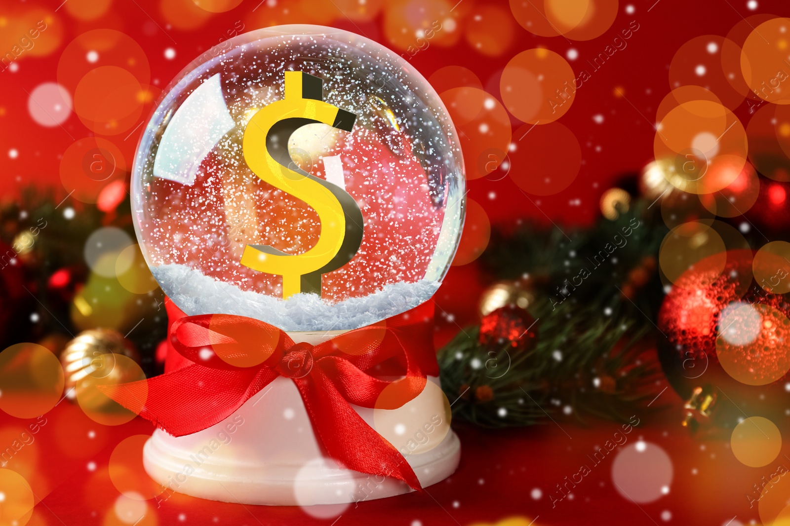 Image of Snow globe with dollar sign and Christmas decor on red background, bokeh effect