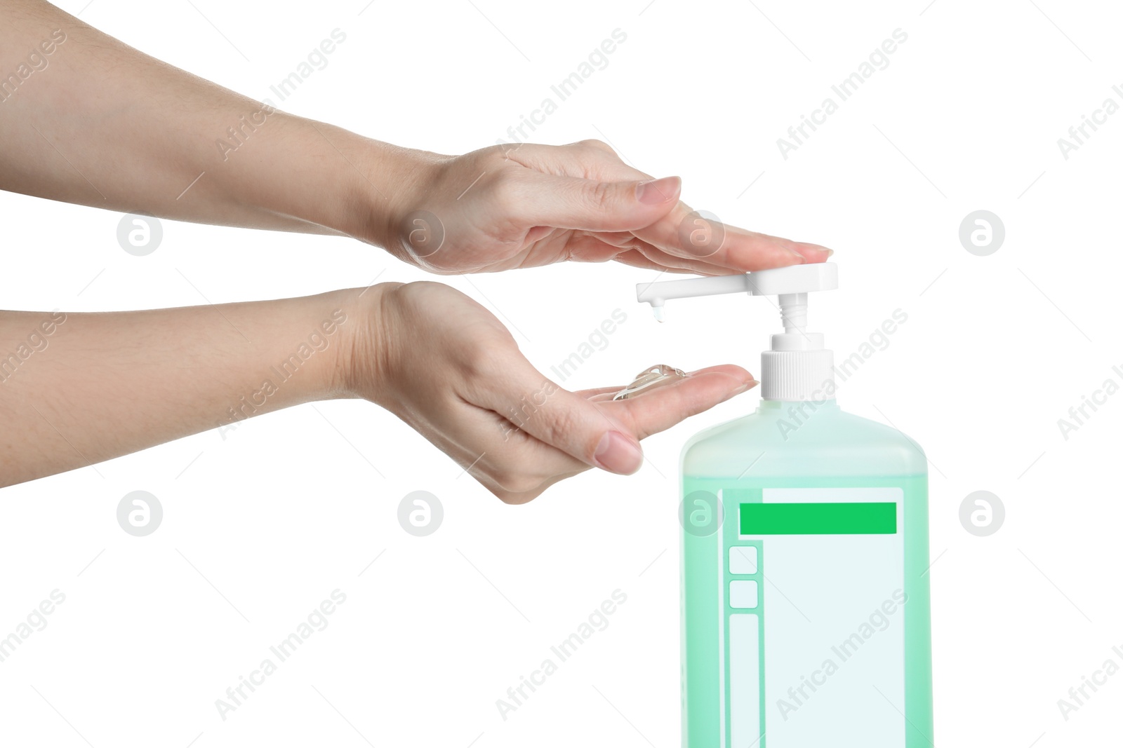 Photo of Woman applying antiseptic gel on hand against white background, closeup