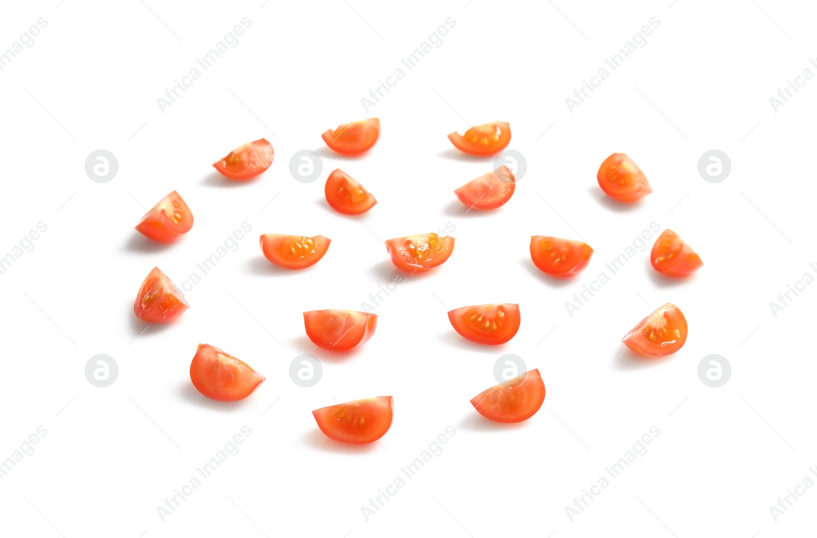 Photo of Slices of ripe tomato as layer for pizza on white background
