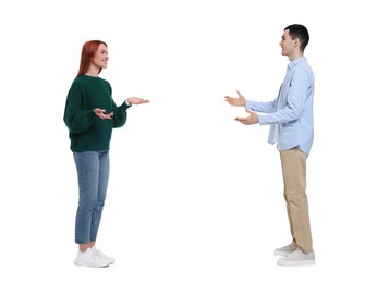 Image of Woman and man talking on white background. Dialogue