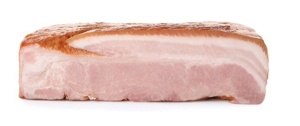 Photo of Piece of delicious smoked bacon isolated on white