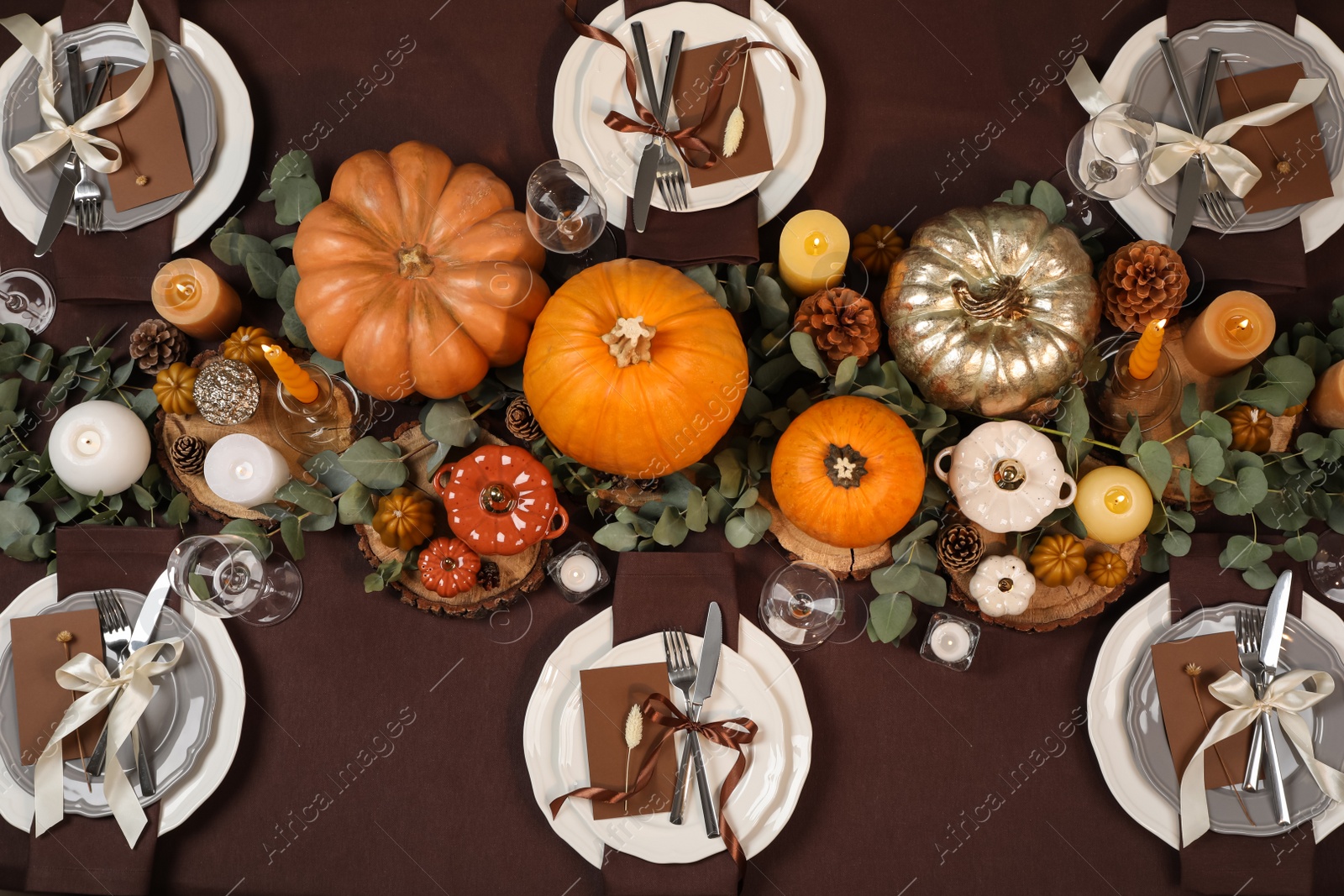 Photo of Beautiful autumn place setting and decor on table, flat lay