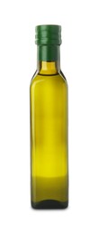 Vegetable fats. Cooking oil in glass bottle isolated on white