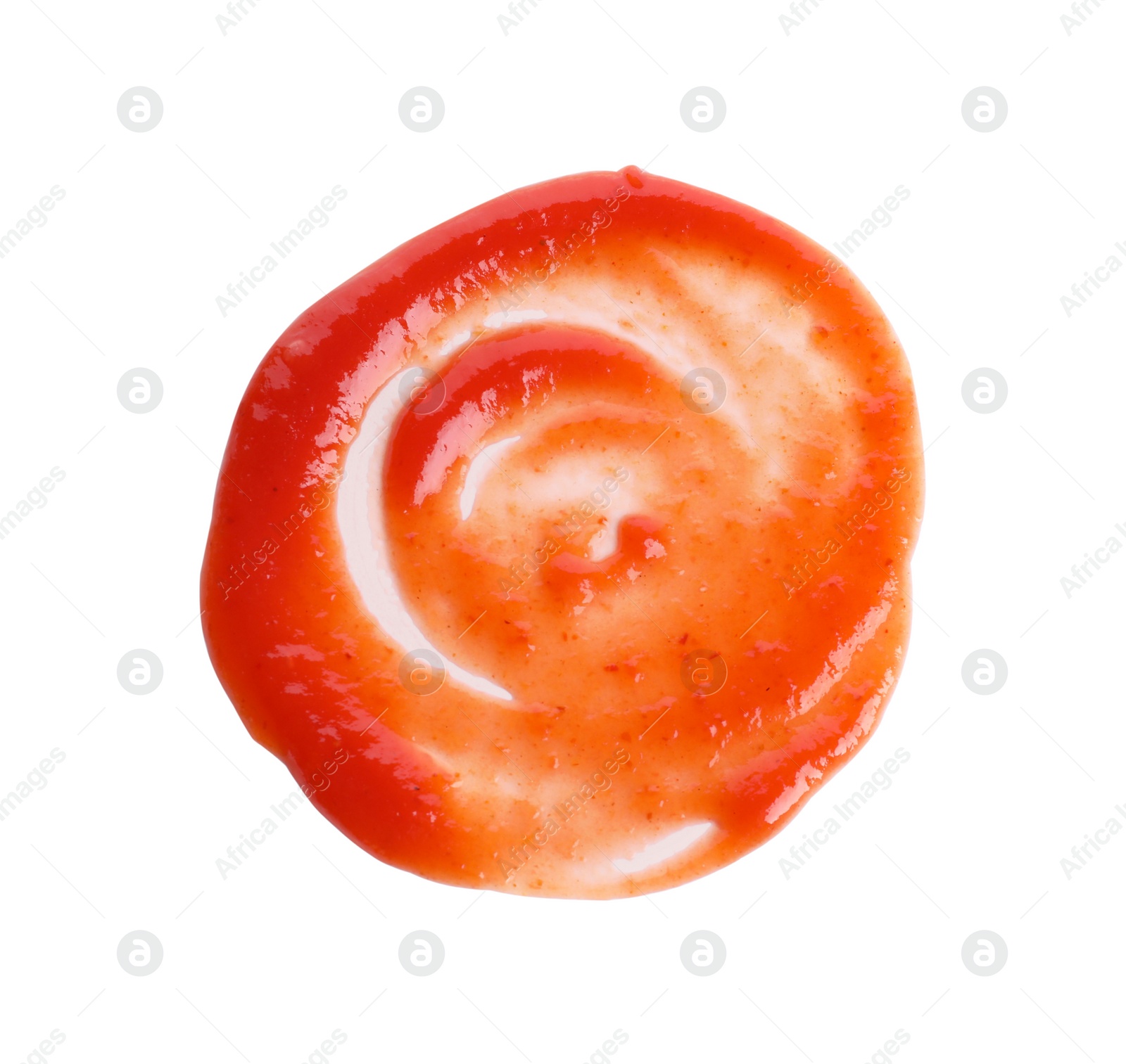 Photo of Tasty ketchup isolated on white, top view. Tomato sauce