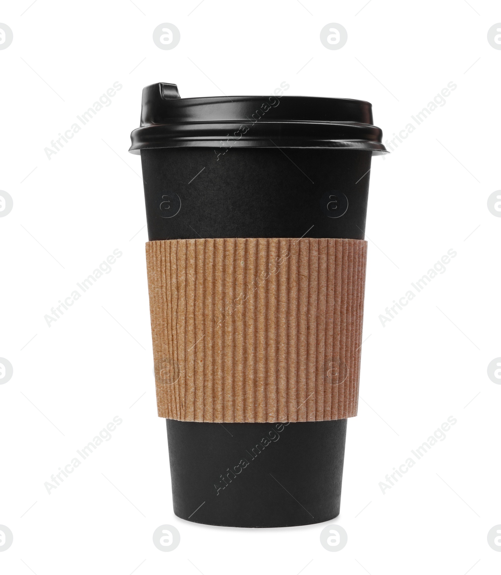 Photo of Takeaway paper coffee cup with cardboard sleeve isolated on white