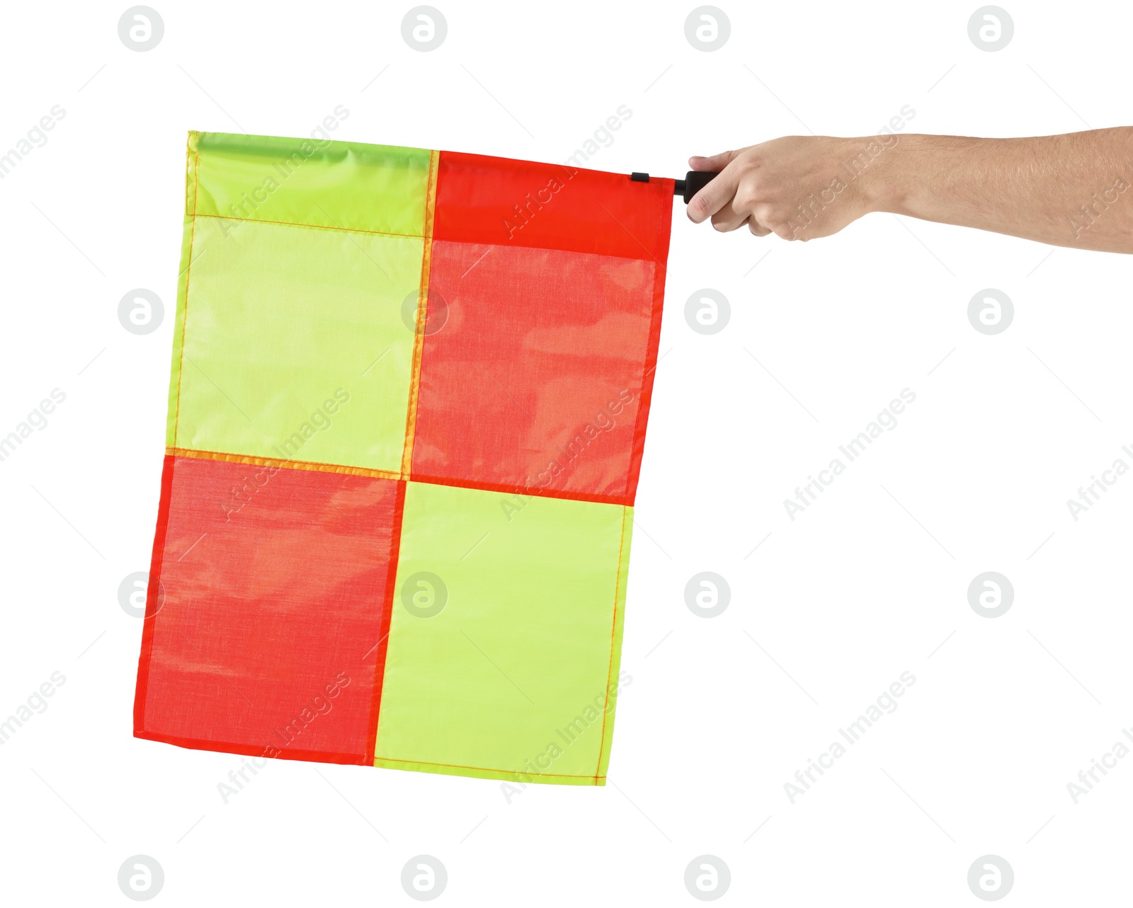 Photo of Referee holding linesman flag on white background, closeup