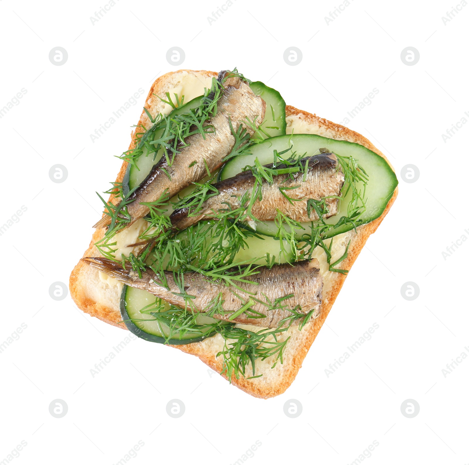Delicious sandwich with smoked sprats, cucumber and dill isolated on white, top view Photo of Delicious sandwich with smoked sprats, cucumber and dill isolated on white, top view