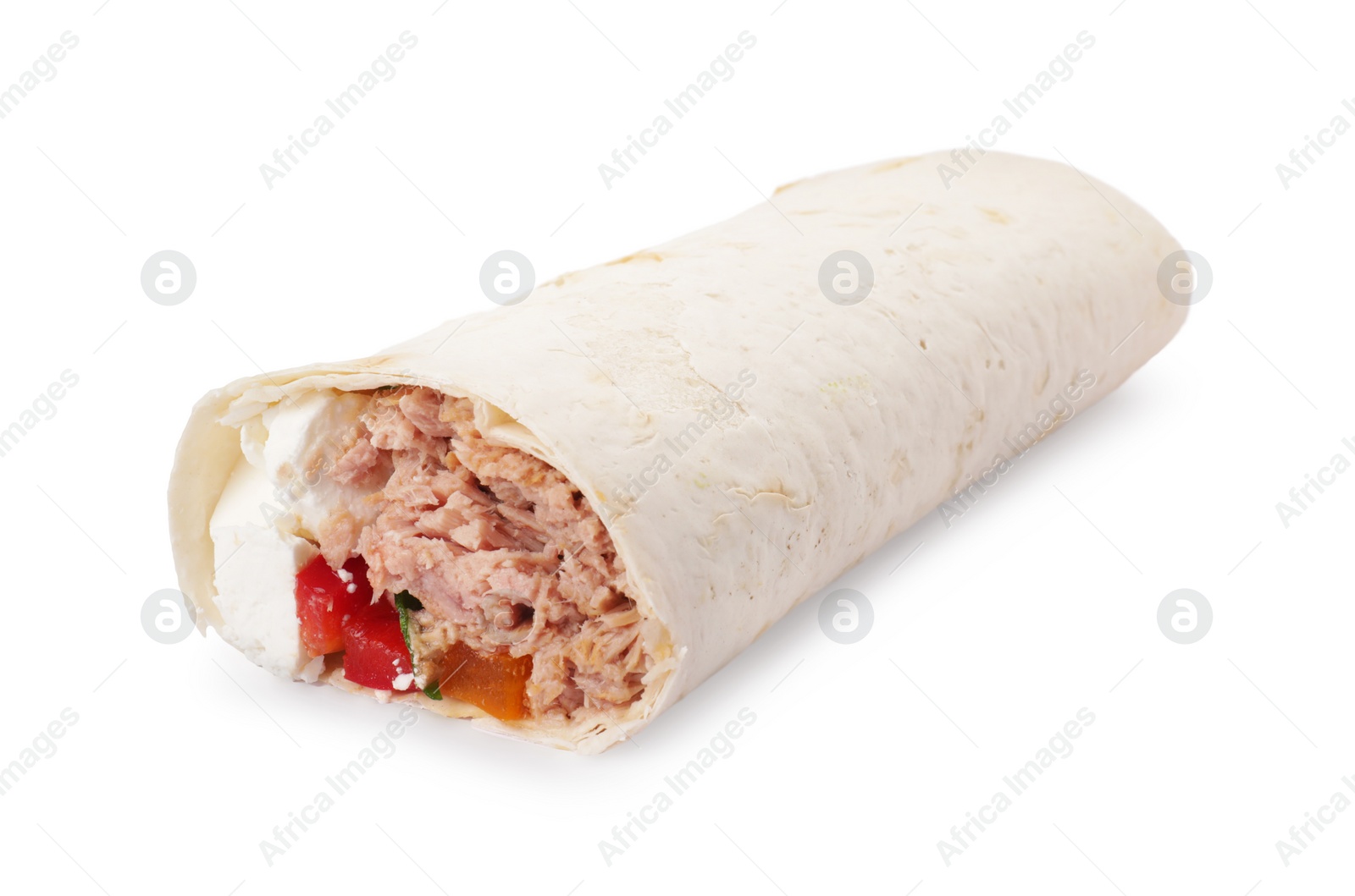 Photo of Delicious tortilla wrap with tuna isolated on white