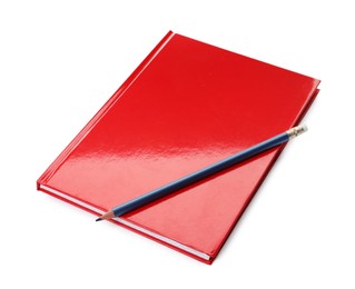 Photo of New red planner with pencil isolated on white