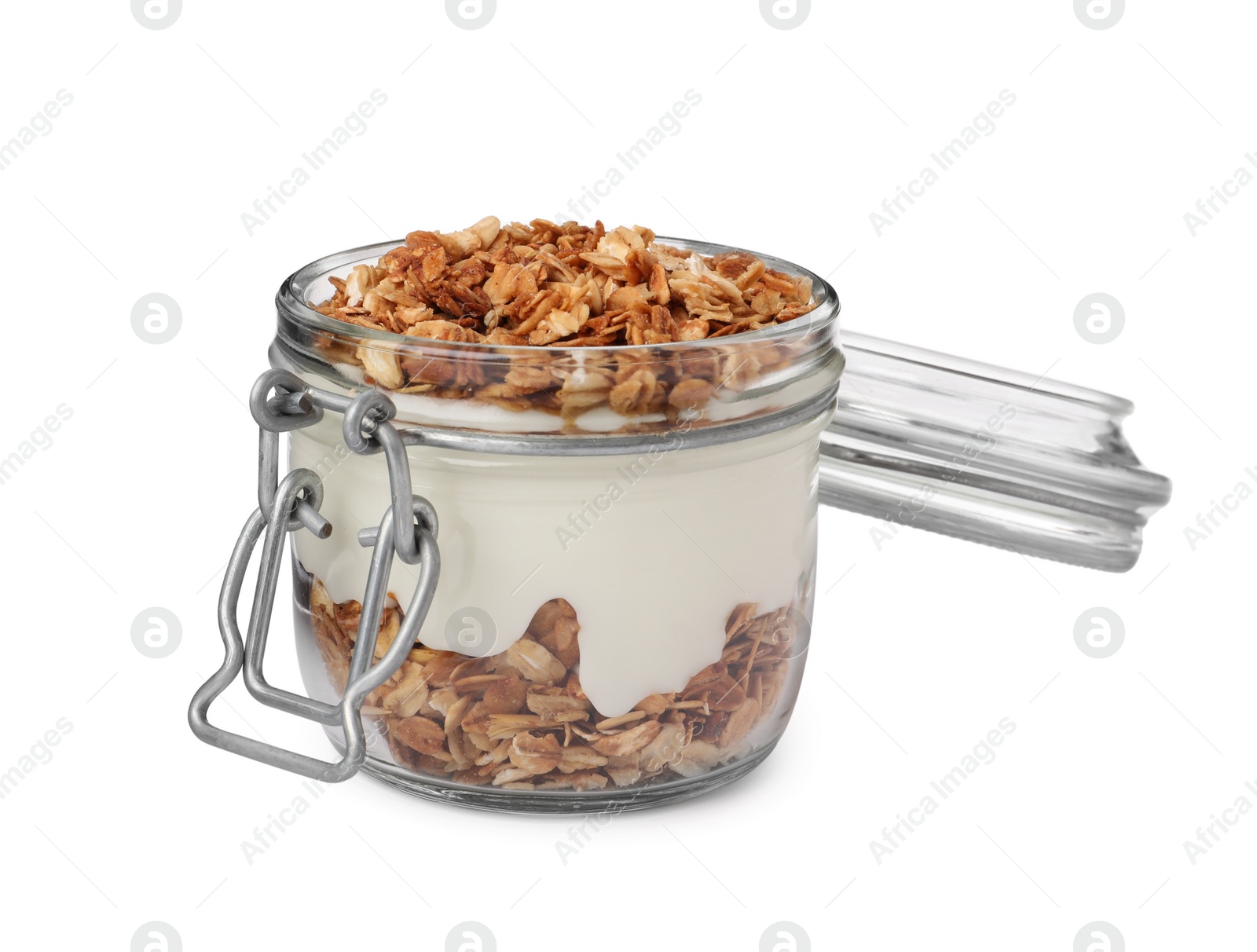 Photo of Jar of yogurt with granola isolated on white