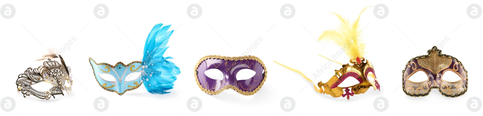 Image of Set of beautiful carnival masks on white background. Banner design