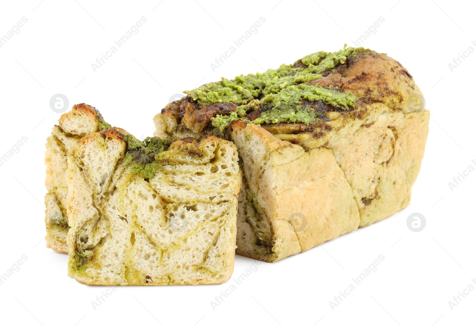 Photo of Freshly baked pesto bread isolated on white