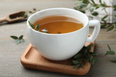 Photo of Cup of aromatic eucalyptus tea on wooden table, closeup